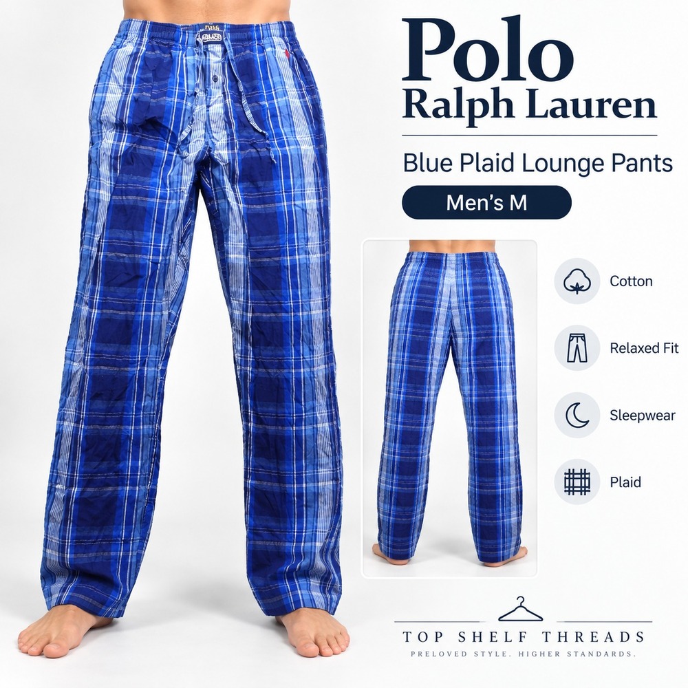 Polo Ralph Lauren Men Blue Plaid Cotton Sleepwear Lounge Pajamas Pants Relaxed M